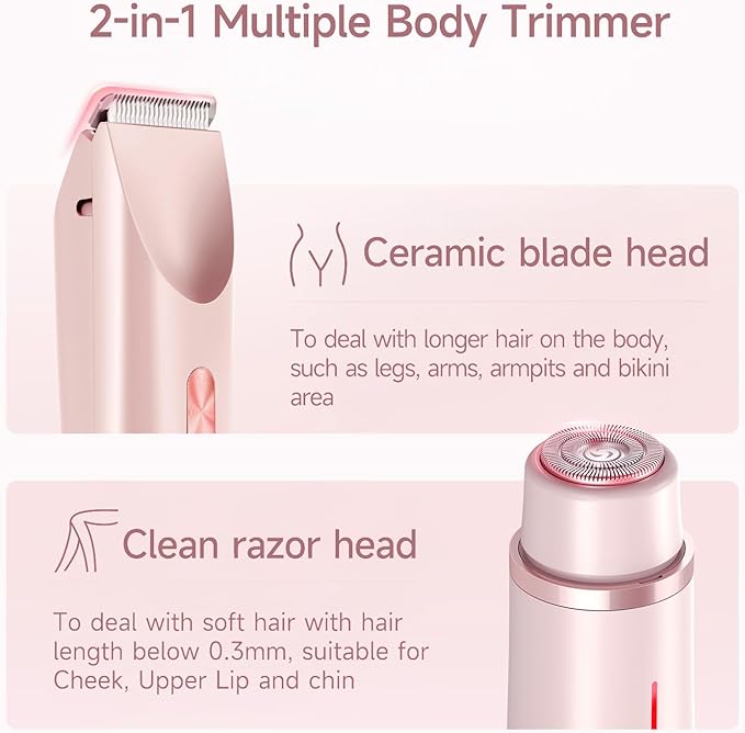 Bikini Trimmer for Women Electric Razors for Women, Double Head Dual Purpose, IPX7 Waterproof Hair Razor, Ceramic Blade Hair Trimmer Wet & Dry Use,Womens Painless Electric Shaver for Facial and Body