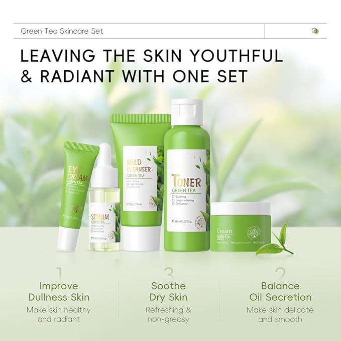 Skin Care Set, Green Tea Skin Care Sets & Kits, Skin Care for Teenage Girls Gift Set with Cleanser, Toner, Serum, Eye Cream, Facial Cream, Facial Skin Care Sets & Kits for Teenage Girls Women