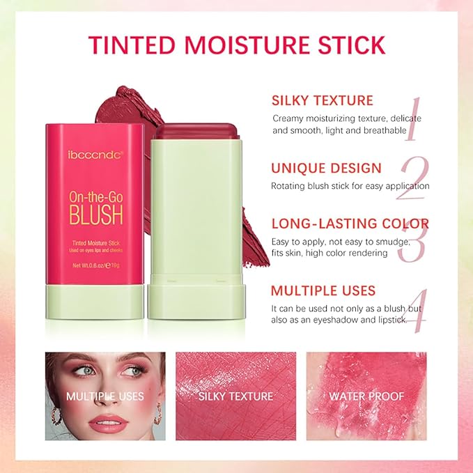 Multi-Use Makeup Blush Stick, Tinted Solid Moisturizer On-the-Go Blush, Multi-use Cream Blush Stick for Cheek & Eyes & Lips, Waterproof Natural Nude Makeup for All Skin (2# Hot Red)