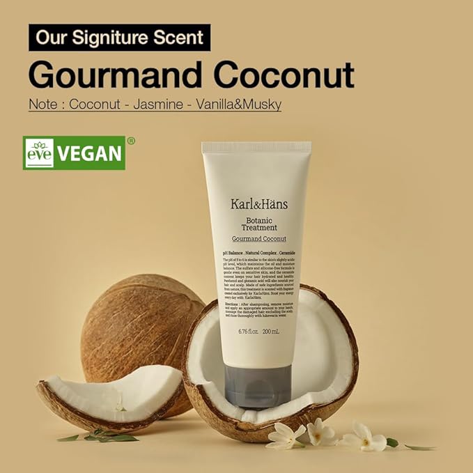 Karl&Hans Botanic Gourmand Coconut Conditioner Hair Treatment - Organic, Silicone-Free, Moisturizing with Ceramide, Coconut Oil & Natural Extracts for All, Dry, Damaged, Frizzy Hair, 6.76 fl oz