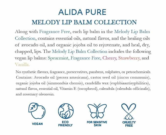 ALIDA PURE Melody Lip Balm Collection, Vegan, Lip Balm, Beeswax Free, with Avocado Oil, Organic Jojoba Oil, and Vitamin E, Natural Moisturizer for Dry, Chapped Lips, 5 Tube Set