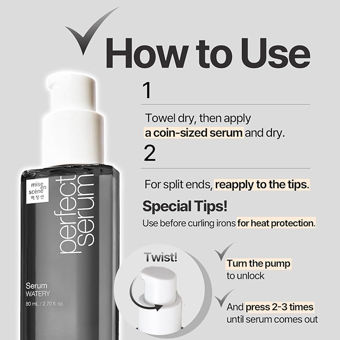 Mise En Scene Perfect Watery Serum for Hair Moisturizing - Korean Hair Argan Oils, Hair Essence for Hydrating with Citrus Scent, Derma Test Completed, 2.70 fl. Oz