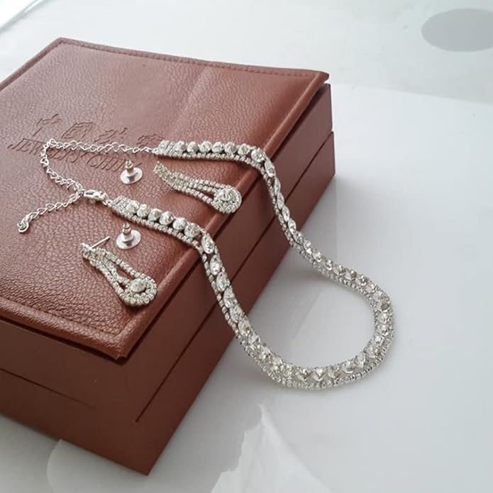 Yean Bride Silver Necklace Earrings Set Rhinestone Bridal Wedding Jewelry Sets Crystal Choker Necklace for Women (Set 3)