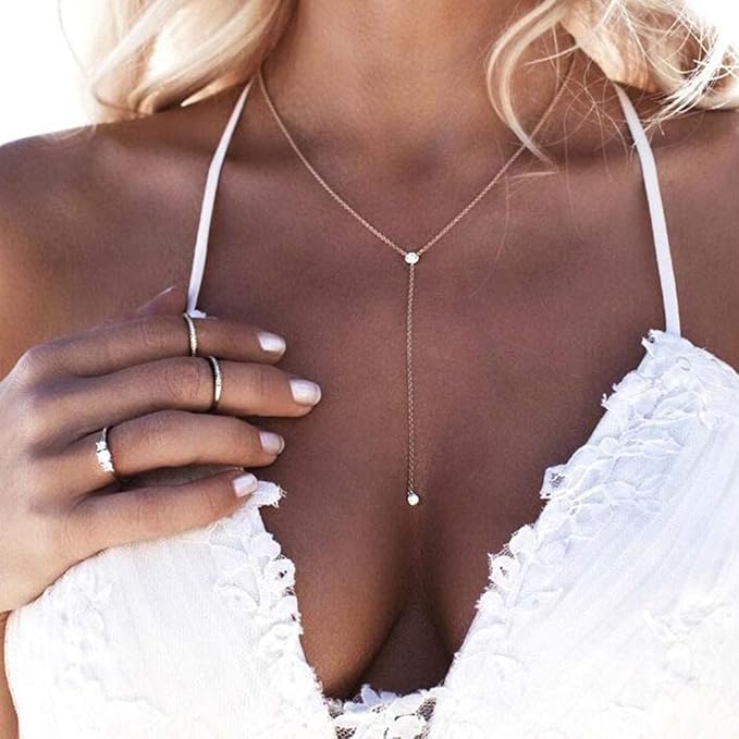 Boho Crystal Y Drop Necklace Choker Gold Long Y Necklace Chain Minimalist Cz Lariat Necklace Classic Simple Y Lariat Necklace Jewelry for Women and Girls Gifts