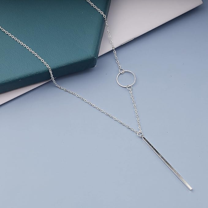 Vertical Bar Circle Necklace Silver Circle Pendant Necklace Boho Long Necklaces Chain Minimalist Geometric Ring Necklace Jewelry for Women and Girls