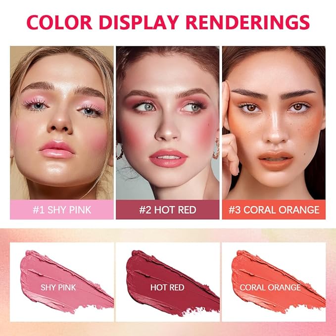 Blush Stick Matte Finish Waterproof Long Lasting Pink Red Cheek Lip Make-up Multi Lip Tint Stick Highlighter High Pigment Rouge Blush for Women Lady Daily Lip Cheek Make (3#coral orange)
