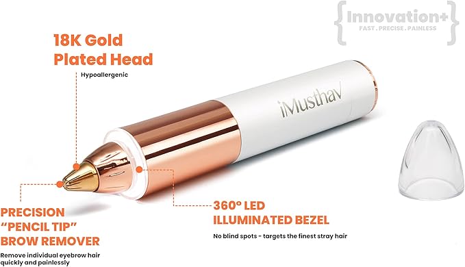 Portable Flawless Eyebrow Hair Remover for Women – Painless, Fast & Precise Flawless Electric Razor & Epilator for Eyebrow, Nose, Ear Hair Removal – 18K Gold-Plated, 360° LED Light