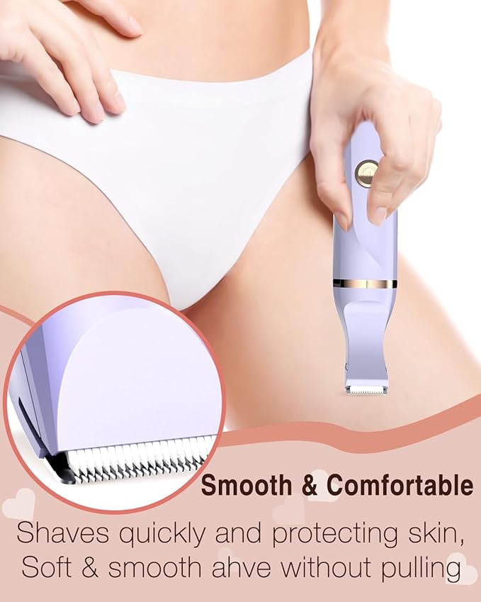 Bikini Trimmer for Women,Painless Electric Razor for Pubic Hair,Rechargeable Body Hair Trimmer,Electric Shaver Removal with Snap-in Ceramic Blades IP7X Washable Head,Wet and Dry Use, Light Purple