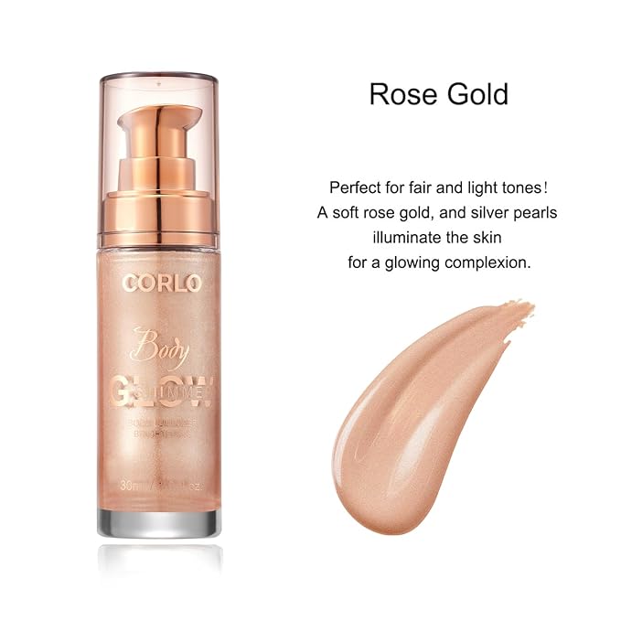 Corlo Body Shimmer Oil Liquid Glitter Face Luminizer Glow Highlighter Waterproof Long Lasting Moisturizing Luminizer FaceProm Party Makeup Brush Include(Rose Gold, Body Oil)