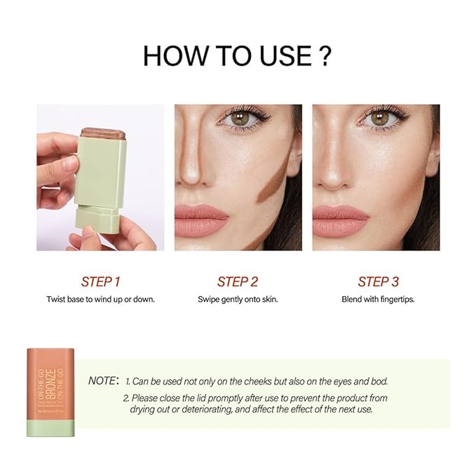 Bronzer Stick 4 Colors Blendable and Buildable Face Bronzer Face Shaping Long Lasting Cream Contour Bronzer Stick (02 Soft Glow)