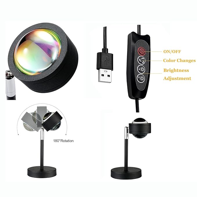 Amuou Sunset Lamp and Rainbow Lights,2 Colors in 1 Projector Sunset Light with 7 Levels of Adjustable 180 Degree Rotation Projection Led Night Light for Photography, Selfie, Tiktok and Home Decor