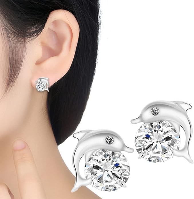 Silver Dolphin CZ Earrings Cute Animal Stud Earrings Tiny Earring Jackets Gifts for Women and Girls