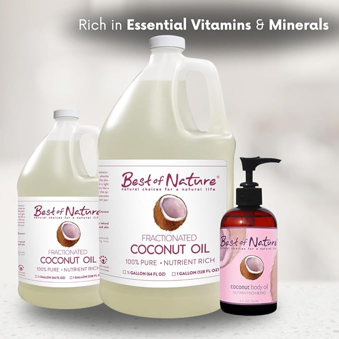 Best of Nature 100% Pure Fractionated Coconut Oil - Liquid MCT Massage & Body Oil, Unscented Moisturizer for Hair, Skin, Face, Aromatherapy Carrier for Essential Oils, Gallon (128 fl oz)