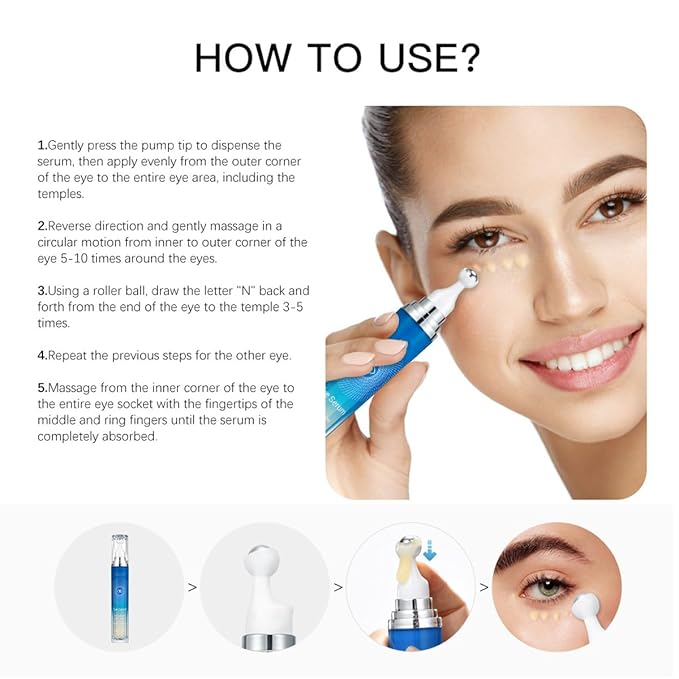 Eye Serum with Roller ball, 15 ML Eye Cream for Dark Circles and Puffiness, Anti-Aging Under Eye Roller Cream Reduce Wrinkles and fine lines