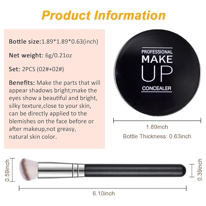Kaely 2Pcs Pot Concealer Full Coverage Set,under Eye Brightener Concealer for Conceals Dark Circles,Waterproof Foundation Face Makeup Brush Kit,Color Correcting Concealer,02+02