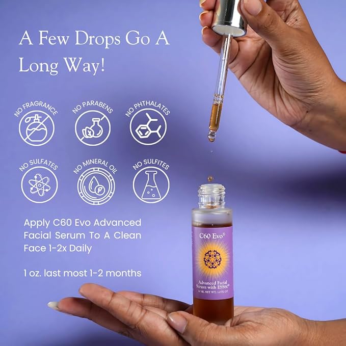 Advanced Facial Serum, Natural Serums for Skin Care with Pure C60 ESS60, Deeply Nourishing and Age-Defying Serum for Face, Facial Serum Infused with 21 Natural and Vegan Ingredients, 1 oz