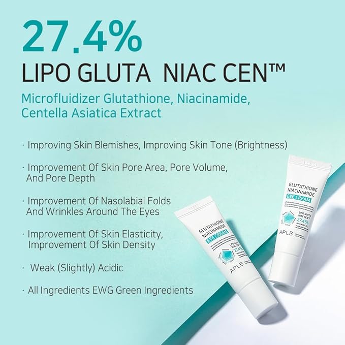APLB Glutathione Niacinamide Eye Cream | LIPO GLUTA NIAC CEN™ 27.4% 0.68 FL.OZ/Korean Skincare, Eye cream for dark circles and puffiness, Improve elasticity & provide moisture around eye region