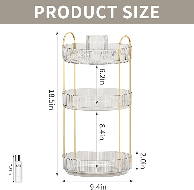 360° Rotating Makeup Organizer, Large-Capacity Skincare Make Up Storage 3 Tier Perfume Organizers Cosmetic Dresser Organizer with Makeup Brush Holder, Fits Bedroom, Bathroom, Vanity Shelf Countertop
