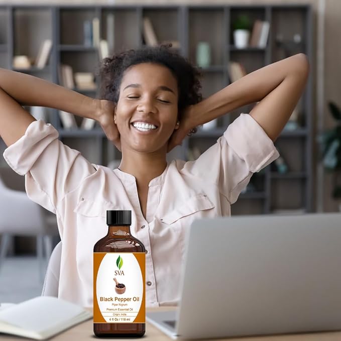 SVA Black Pepper Essential Oil – 4 Fl Oz – 100% Natural Black Pepper Oil - for Diffuser, Hair Care, Face, Skin Care, Aromatherapy, Scalp and Body Massage, Soap and Candle Making – with Dropper