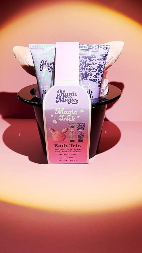 MAD BEAUTY Mystic Magic Rabbit in the Hat Body Trio, 3-in-1 Bath Kit: Exfoliating Loofah, Body Lotion, & Body Wash, Gorgeous Jasmine & Indigo Violet, Relax & Unwind, Great Self-Care Gift Set