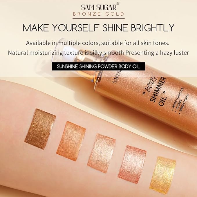 Shimmer Body Oil, Long Lasting Moisturizing Body Glow Glitter for Women Face Luminizer Highlighter Makeup 100ml Shimmer Oil for Glowing Skin Lotion (Dark Brown Gold)