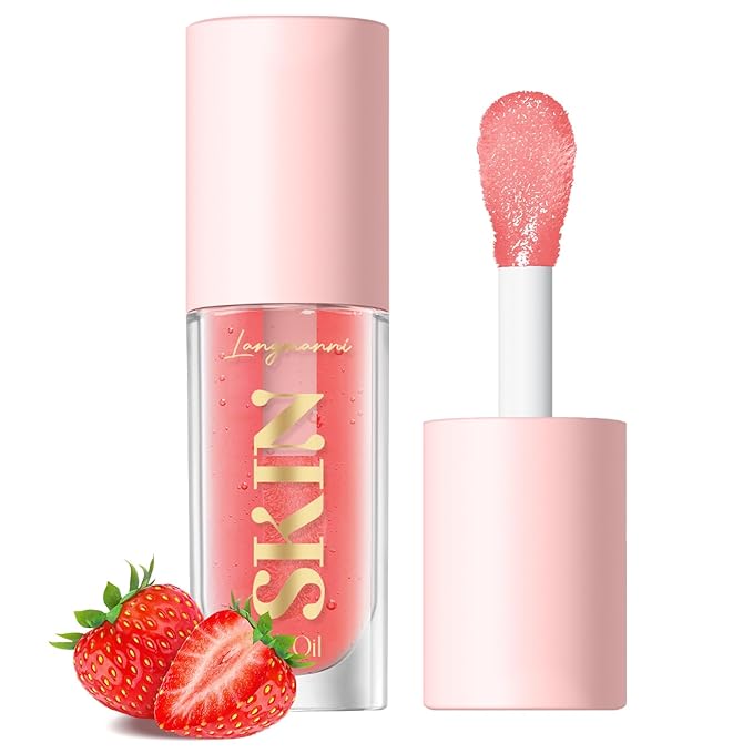 Big Brush Head Lip Glow Oil Plumping Tint, Tinted Lip Balm Transparent Lip Care, Moisturizing Non-sticky Fresh Shiny Texture Lip Oil - Strawberry (Pink)