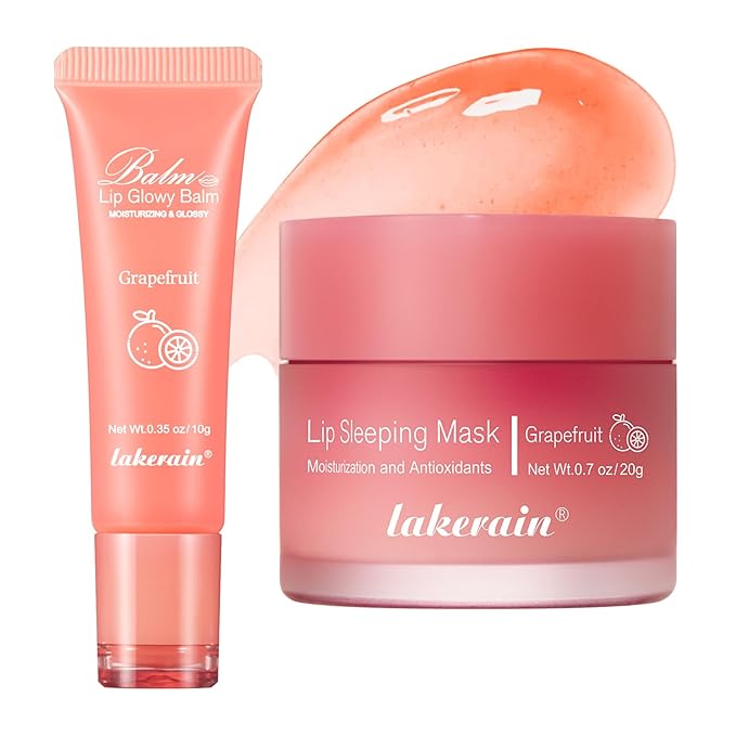 2Pcs Lip Glowy Balm and Lip Sleeping Mask Set, with 4 Flavor Options - Reduce Lip Lines, Enhance Lip Color, Hydrate & Plump Dry Chapped Lips Care (Grapefruit)