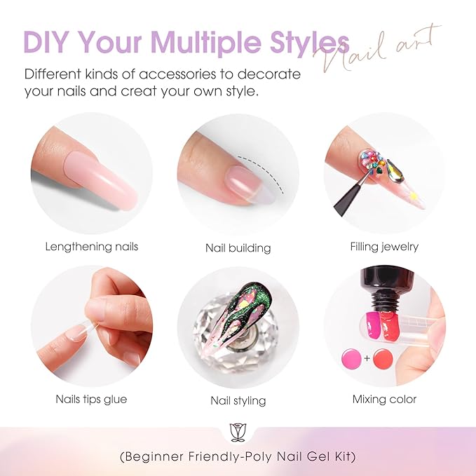 ROSALIND 38PCS Poly Nail Gel Kit with Mini Nail Lamp Neon Blue Poly Extension Gels Kit Hot Pink Nude Poly Nails Set