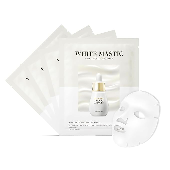 MASTINA White Mastic Ampoule Sheet Mask (4pc) Illuminating, Radiance-Boosting. Ultra-Moisturizing Facial Mask. Intensive Korean Skin Care. Fermented Mastic Gum