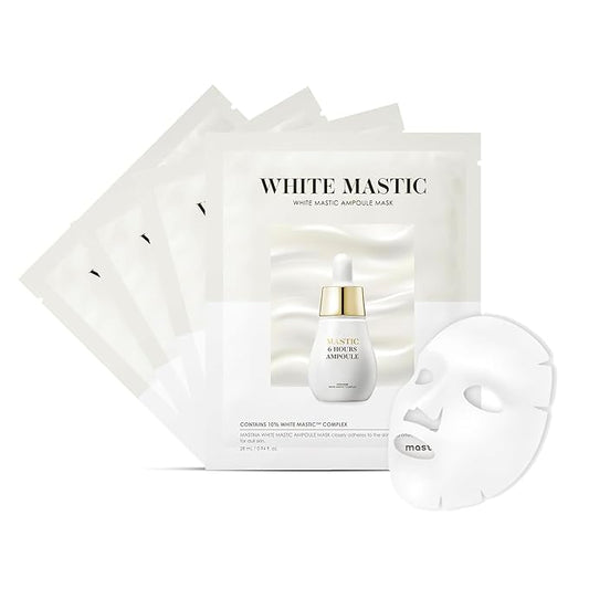 MASTINA White Mastic Ampoule Sheet Mask (4pc) Illuminating, Radiance-Boosting. Ultra-Moisturizing Facial Mask. Intensive Korean Skin Care. Fermented Mastic Gum