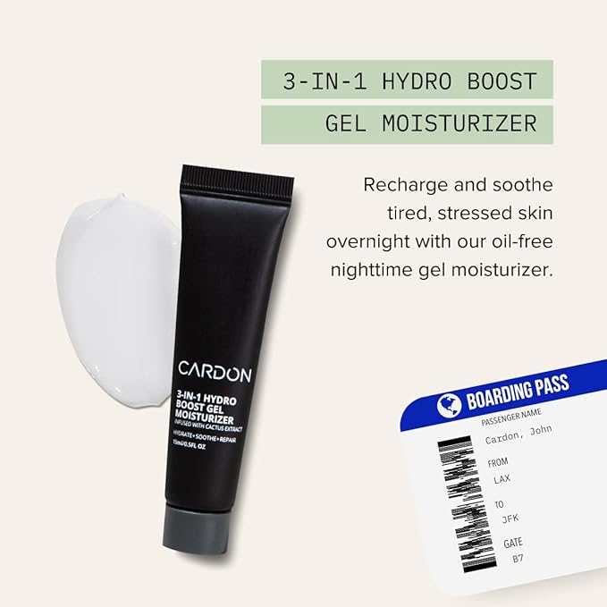 Cardon Jet Set Travel Sized Mens Skin Care Kit, Cactus Based Korean Skin Care Men, Includes SPF Sunscreen Moisturizer, Dark Circle Eye Rescue Cream, Clay Cleanser, 3-in-1 Hydro Gel, Lip Balm- Gift Set