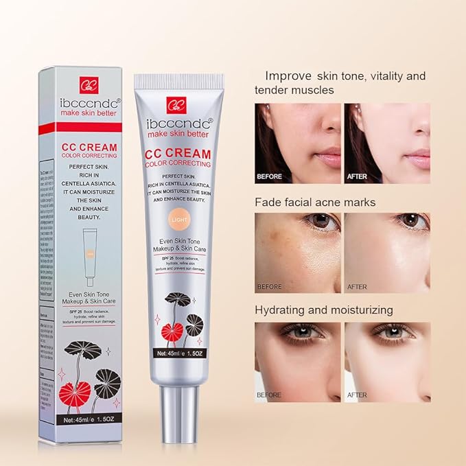 Color Correcting CC Cream with SPF 25, Coverage Lightweight Foundation, Hydrating Serum, Even Skin Tone Makeup and Skin Care, Boost Radiance, Refine Skin Texture, Avoid Sun Damage (LightLight, 1PCS)