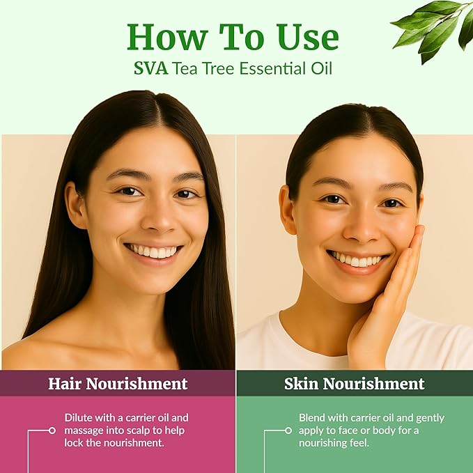 SVA Tea Tree Essential Oil – 4 Fl Oz – 100% Natural Tea Tree Oil - for Diffuser, Hair Care, Face, Skin Care, Aromatherapy, Scalp and Body Massage, Soap and Candle Making – with Dropper