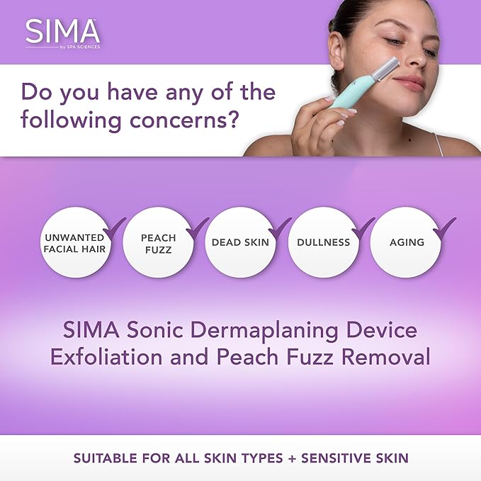 SPA SCIENCES - SIMA Patented Dermaplane Razor for Women Face – Painless 2-in-1 Facial Exfoliation & Peach Fuzz Hair Removal – Anti-Aging – 3 Speeds – Rechargeable – 7 Weeks Treatment