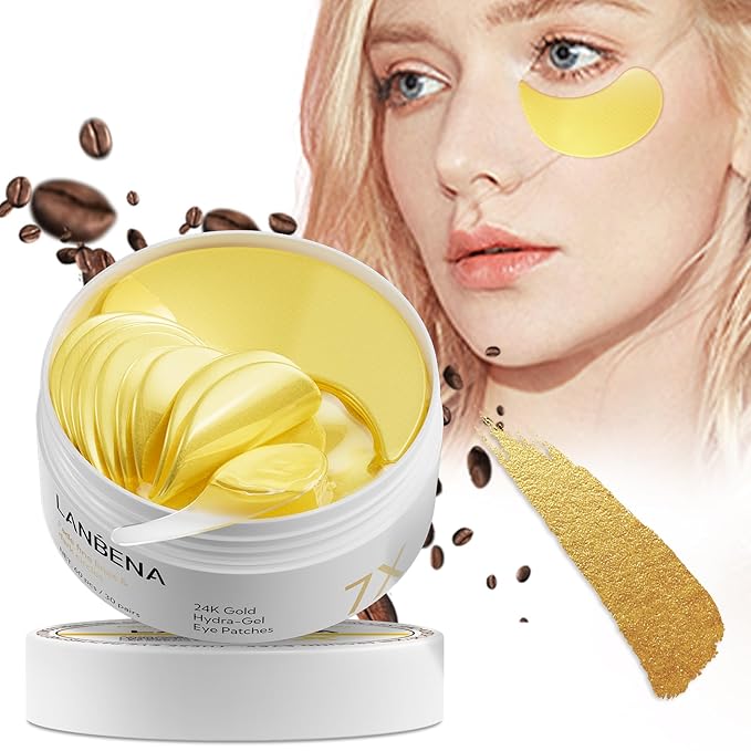 LANBENA 24K Gold Under Eye Patches(30 Pairs) -Cooling Eye Masks for Fine Lines Reduce, with Caffeine Niacinamide Tetrapeptide Hydra-Gel Collagen, Puffy Eyes & Dark Circles & Eye Bags Treatment