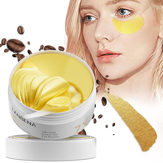 LANBENA 24K Gold Under Eye Patches(30 Pairs) -Cooling Eye Masks for Fine Lines Reduce, with Caffeine Niacinamide Tetrapeptide Hydra-Gel Collagen, Puffy Eyes & Dark Circles & Eye Bags Treatment