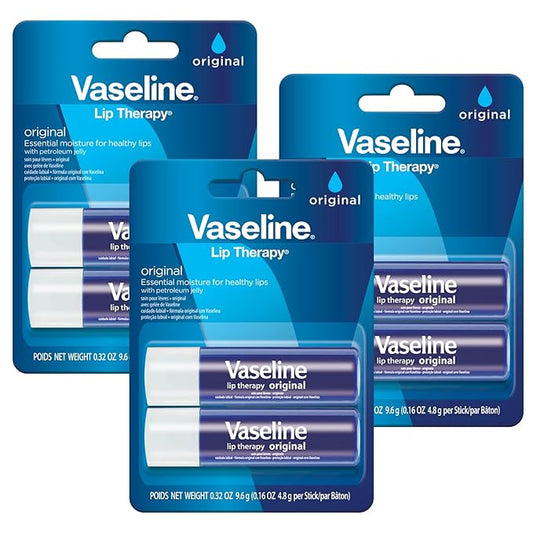 Vaseline Lip Therapy Care Original, Fast-Acting Nourishment, Ideal for Chapped, Dry, Cracked, or Damaged Lips, Lip Balm, 3-Pack of 2, 0.16 Oz Each, 6 Lip Balms