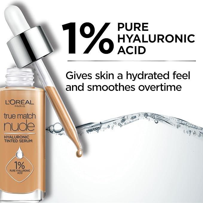 L'Oreal Paris True Match Nude Hyaluronic Tinted Serum Foundation with 1% Hyaluronic acid, Tan-Deep 7-8, 1 fl. oz.