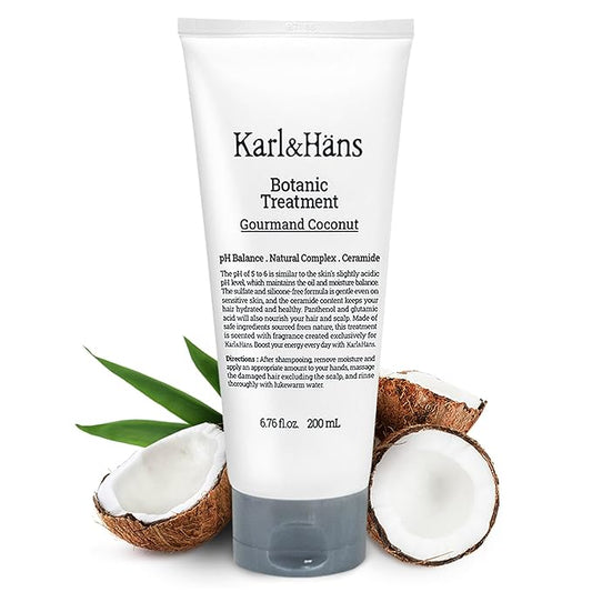 Karl&Hans Botanic Gourmand Coconut Conditioner Hair Treatment - Organic, Silicone-Free, Moisturizing with Ceramide, Coconut Oil & Natural Extracts for All, Dry, Damaged, Frizzy Hair, 6.76 fl oz