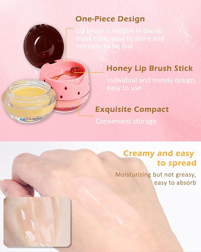 2Pcs Watermelon Lip Balm Honey Pot Lip Mask & Lip Glowy Oil Lip Care Set, Propolis Moisturizing & Nourish Hydrating Lip Gloss Repair, Reduce Lip Line & Plump Dry Cracked Lip Scrub Exfoliator -Set C
