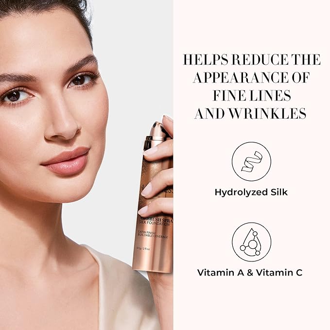 LUMINESS Silk Airbrush Spray Foundation & Buffing Brush Kit – Full Coverage Foundation & Dual-Sided Buffing Brush - Buildable Coverage, Anti-Aging Formula Hydrates & Moisturizes (Shade - Medium)