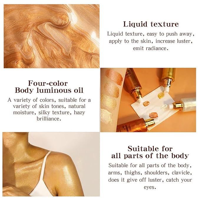 Shimmer Body Oil-Golden Brown Face Brighten Pearl Highlighter Liquid Illuminator Body Glow Oil,4 Color Bronze Makeup Glitter Body Shimmer Oil with Makeup Brush