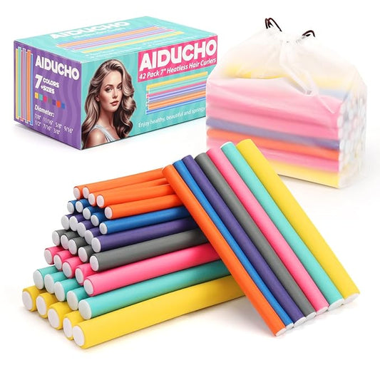AIDUCHO Heatless Hair Curlers 42PCS Flexible Hair Rollers 7" Soft Foam Hair Curlers No Heat Bendable Curling Rods for Short Medium Long Hair, 7 Colors & Sizes
