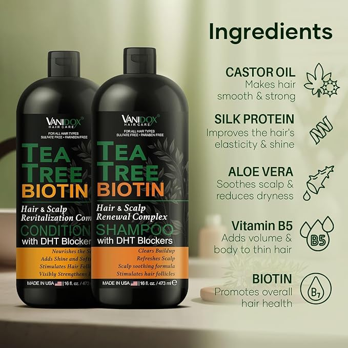 Tea Tree Oil Shampoo and Conditioner Set with Biotin, DHT Blockers, Itchy Scalp Relief, Supports Thicker-Looking Hair, Cleanses Dandruff & Buildup, For Men & Women, Made in USA, 16 fl oz Each