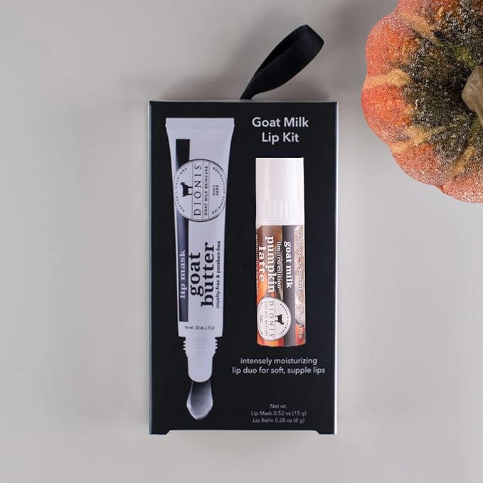 Dionis Goat Butter Overnight Lip Mask & Lip Balm Kit - Goat Milk, Jojoba & Moringa Oils Moisturize & Repair Chapped Lips Overnight while Lip Balm Keeps Moisture Locked In All Day, Pumpkin