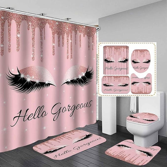 4PCS Hello Gorgeous Unicorn Eyelash Shower Curtain Set Luxury Diamond Rose Gold Glitter Eyeshadow Makeup Pink Glam Beauty Fashion Girly Women Bathroom Decor Non-slip Bath Mat Toilet Rug, Bling