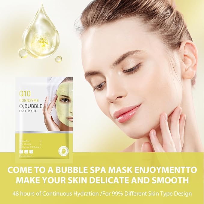 10 Sheets Coenzyme Q10 O2 Bubble Masks for Face, Bubble Face Mask Skincare for All Skin Types, Deep Cleansing Moisturizing Facial Mask Skin Care for Pores, Firming, Purifying, Sheet Masks for Spa