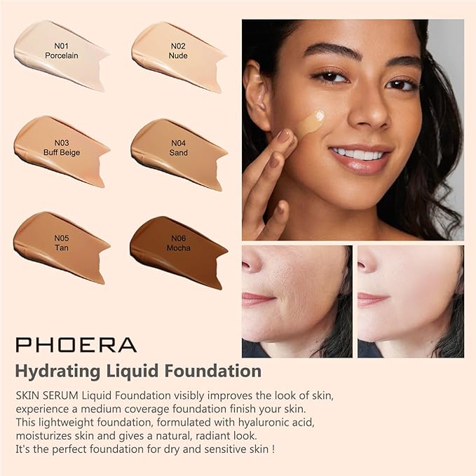PHOERA Foundation Full Coverage,and Medium Coverage 2024 New PHOERA Foundation Makeup for Mature Skin, Lightweight Wrinkles Matte Natural Finish for a Flawless Complexion(102+N02/Nude+Nude)