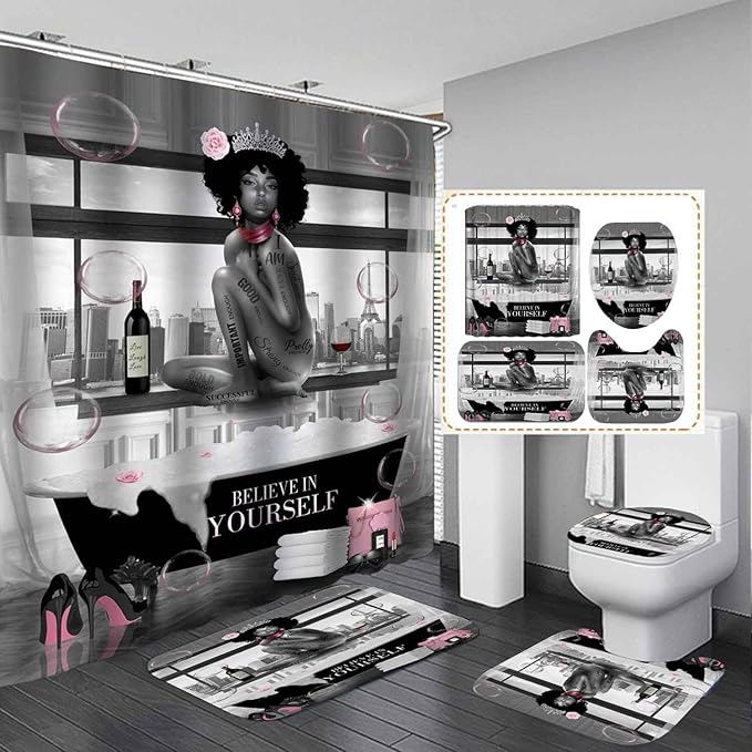 4PCS Sexy Black Girl Shower Curtain Set, Romantic Pink Floral High Heels Bubble Red Wine Afro Lady African American Woman Inspirational Quotes Bathroom Decor, Non-Slip Bath Rugs, Get Naked