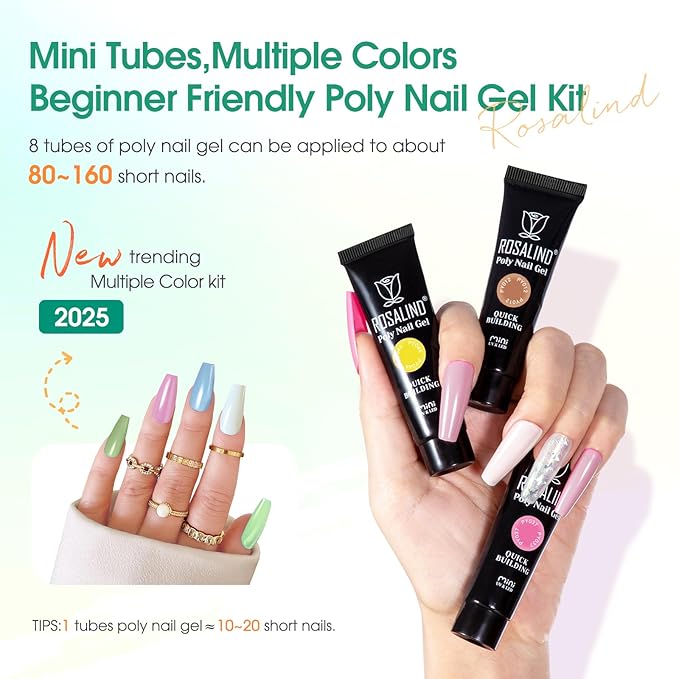 ROSALIND 8PCS Poly Nail Gel Kit with Mini Nail Lamp Clear Nude Poly Nails Gel Kit Starter Kit Nude Pink Nail Extensions Gel Set